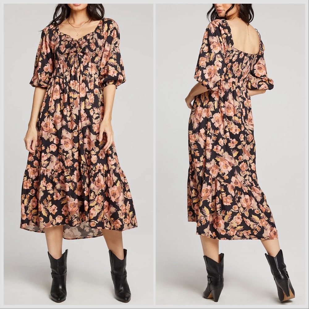 NWT Saltwater Lux Black Pink Vye Midi Floral dress Sz S